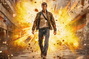 1980s action movie blockbusters, this iconic scene features a larger-than-life superhero confidently walking away from an exposition