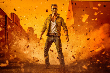 Obraz premium 1980s action movie blockbusters, this iconic scene features a larger-than-life superhero confidently walking away from an exposition