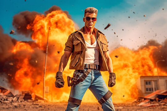 1980s action movie blockbusters, this iconic scene features a larger-than-life superhero confidently walking away from an exposition