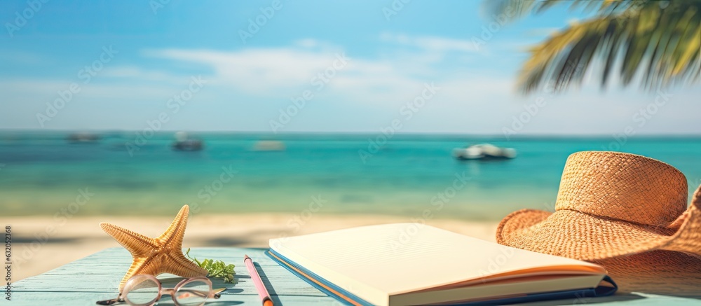 Poster a summer-themed notebook with beach accessories in the background. copy space available.