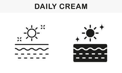 Daily Skincare.Sunscreen, Sun Block Cream Symbol Collection. Day Cream Line and Silhouette Black Icon Set. Daily Cream, Foam, Gel, Mousse, Soap Pictogram. Isolated Vector Illustration