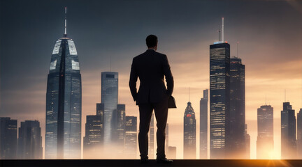 Plakat City businessman standing on skyscraper back lit silhouette. Generative AI.