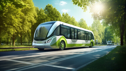 Moyen de transport écologique, bus vert, arbres vert. - obrazy, fototapety, plakaty