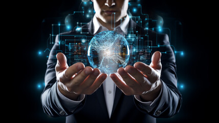 Sphère de technologies, tenue dans les mains d'un homme d'affaire. Représentation abstraite, futur, technologie. Transition numérique.