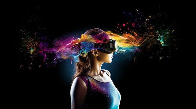 Femme avec casque de r&eacute;alit&eacute; virtuelle. Explosion de couleurs, fond noir.