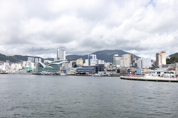 Naklejka premium Busan, a large port city in South Korea, is known for its beaches, mountains and temples. 