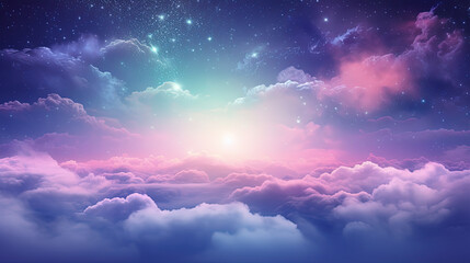  Pink and purple watercolor space, colorful clouds and stars, stars glow. AI generated