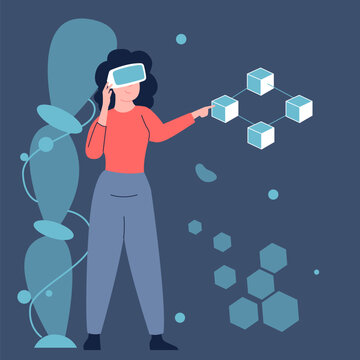 Innovation entertainment, girl wear virtual reality glasses and interaction with abstract graphs. Female in vr app, digital life recent vector scene