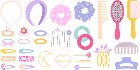 Barrette and hairpins set, hair slide fashion clipart. Pin girl accessories, stylist hairdressing equipment and clips. Female headband racy vector clipart - obrazy, fototapety, plakaty
