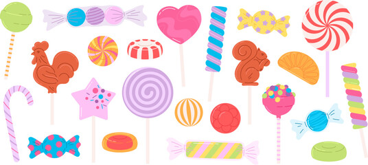 Cartoon sweets, lollipop and fruit candies. Sugar candy, holiday children presents. Confectionery, caramel and chewing gums. Racy vector clipart