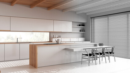 Architect interior designer concept: hand-drawn draft unfinished project that becomes real, wooden japandi kitchen with resin floor and beams ceilings. Minimal style