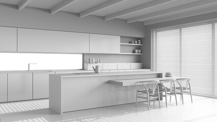 Total white project draft, wooden japandi kitchen with resin floor and beams ceilings. Cabinets and...