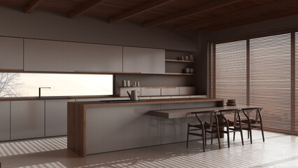 Dark late evening scene, wooden japandi kitchen with resin floor and beams ceilings. Cabinets and dining island with stools. Minimal architecture interior design