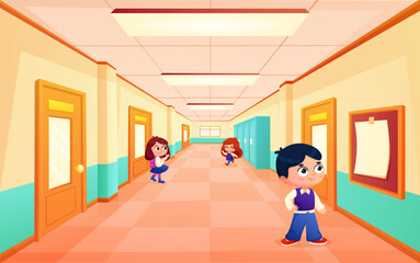 Fototapeta na wymiar Students in school hallway. Locks in corridor, little pupils go to study and welcome friends. Cartoon children in college hall, nowaday vector scene