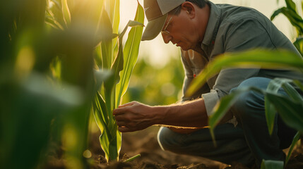 Farmer checks corn sprouts.