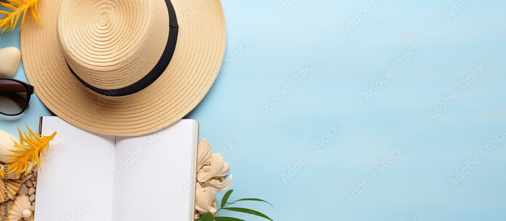 Poster a blank writing book featuring summer beach accessories is placed on a background with copy space. i