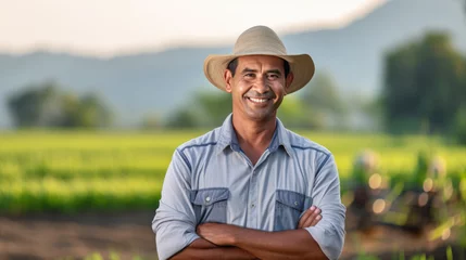 Fotobehang Portrait of a farmer against the backdrop of his fields. © MP Studio