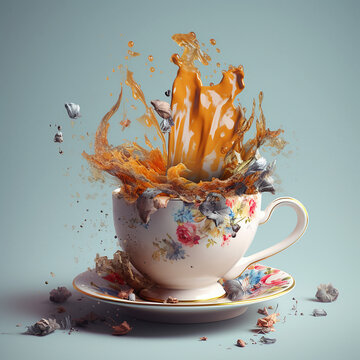 artistic tea, tea cup, tea, milk tea, gossip, spill the tea, Generative AI technology, generative, ai generated

