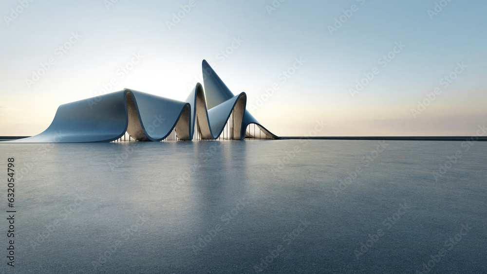 Poster 3d render of abstract futuristic architecture with empty concrete floor. Scene for car presentation.