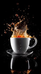 espresso coffee Set of cardboard cups. Aromatic coffee splashes with falling coffee beans on black background. Banner. 3D illustration.