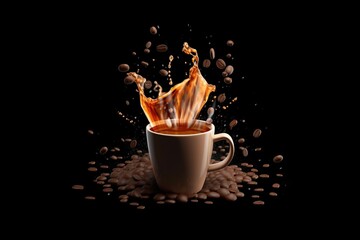 espresso coffee Set of cardboard cups. Aromatic coffee splashes with falling coffee beans on black background. Banner. 3D illustration.
