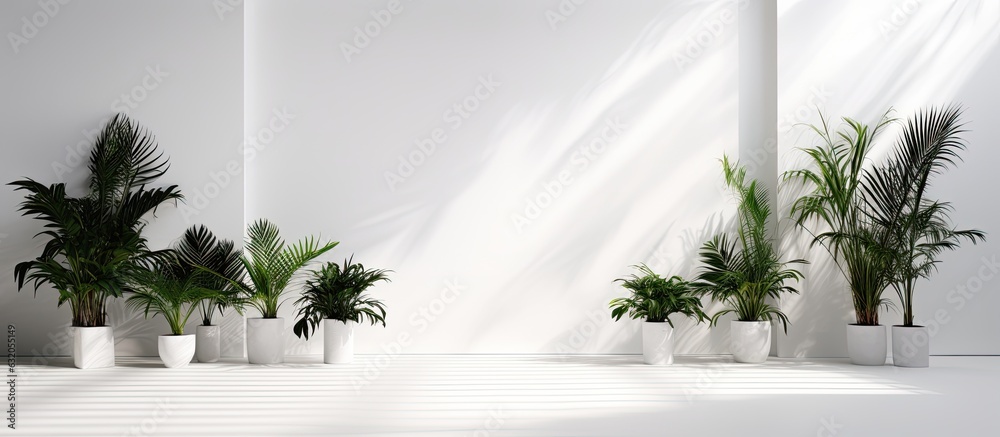 Aufkleber A product presentation can be done in a studio with a white background that is free from any distractions. The room is empty but has shadows of windows, flowers, and palm leaves, creating a visually