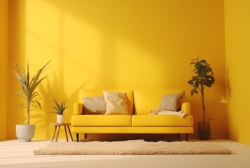Fototapeta na wymiar Living room with sofa and dry plants against bright yellow walls. generative ai