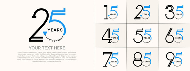 set of anniversary logotype black and blue color for special celebration event