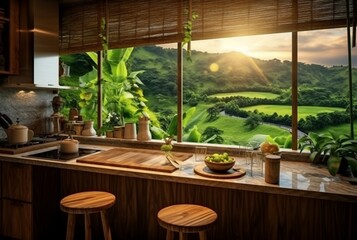 Fototapeta premium Luxurious kitchen with wood design and natural view. generative ai