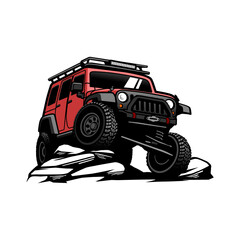 Illustration of a red off-road car crawling on large rocks with a wheel lifted up Perfect for use as logos, posters, stickers, and t-shirts.car, auto, vehicle, truck, toy, automobile, transportation, 