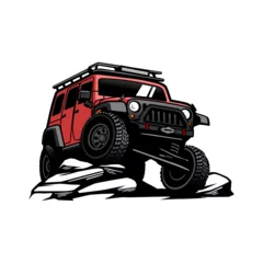 Foto op Plexiglas Auto cartoon Illustration of a red off-road car crawling on large rocks with a wheel lifted up Perfect for use as logos, posters, stickers, and t-shirts.car, auto, vehicle, truck, toy, automobile, transportation, 