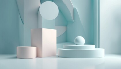 Minimal scene with podium and abstract background. Pastel blue and white colors scene. Trendy 3d render for social media banners, promotion, cosmetic product show. Geometric shapes interior