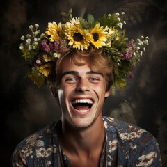 A jubilant young man confidently smiling for the camera with his head adorned in a crown of flowers.