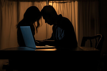 Fototapeta na wymiar Two silhouettes of a couple hunched over a laptop their heads bowed in melancholy as they take part in a telemedicine appointment