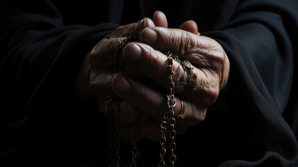 A close up shot of a persons hands tightly gripping a rosary as tears stream down their face their despair a stark reminder of the