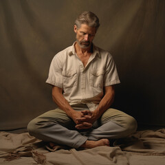 Obraz premium A man sitting with his legs crossed in a meditative posture eyes closed and forehead crinkled in contemplation.