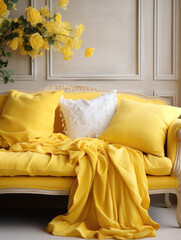 A cheery yellow loveseat surrounded by tousled pillows that beckon one to come flop down and unwind