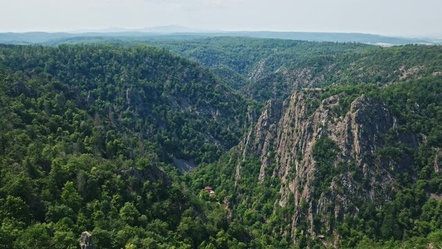 Aerial drone view of Harz Mountain in thale , Saxony-Anhalt , Germany