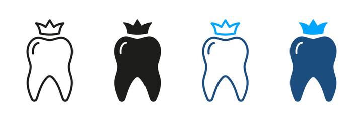 Dental Crown Silhouette and Line Icon Set. Teeth Protection Implant, Medical Crown. Orthodontic Denture. Dental Treatment Symbol Collection. Oral Care Pictogram. Isolated Vector Illustration