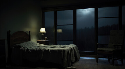 A dimly lit bedroom with unmade bed and a solitary figure sitting in a chair by the window looking...