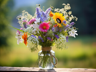 A colorful bouquet of wildflowers and a crisp white note attached to the stems with twine and a handwritten message May all your days © Justlight