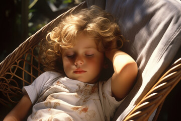 A young child curled up in a rocking chair nestled in a sundrenched corner of a garden the warmth of the sun providing a sense of