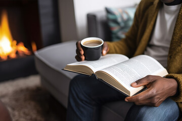 Man sitting on sofa and reading book in a living room