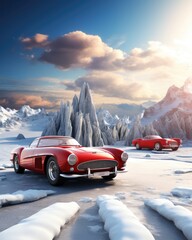 dvert for a game of racing, with several cars and aircraft, in the style of daz3d, luxurious, light red and azure, photo-realistic hyperbole, clean and simple designs, matte photo, transavanguardia