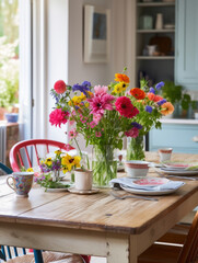 A rustic wooden dining table is adorned with a vibrant array of fresh flowers contrasting the traditional farmhouse feel of the space