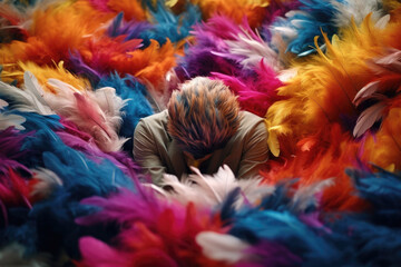 A person surrounded by a colorful array of feathers each being weight matched to the level of effort and determination needed to battle