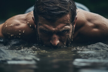 A man standing in a pool of dark water trying to push up a large boulder but in vain with sweat dripping from his forehead exhibiting - obrazy, fototapety, plakaty