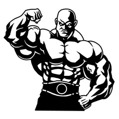Fototapeta na wymiar muscular strong bald bodybuilder shows biceps, vector, logo, cartoon, mascot, character, illustration 
