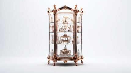  a display cabinet with glass shelves with three glass doors, in the style of detailed hyperrealism, decorative vessels