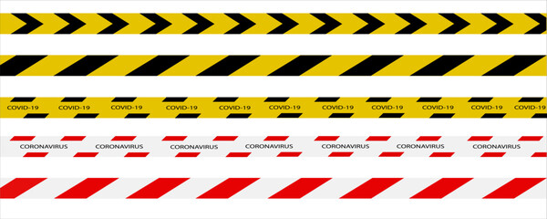 Coronavirus and Covid-19 and quarantine stripes. Warning stripes. Danger zone. Isolated on transparent background. Vector illustration.